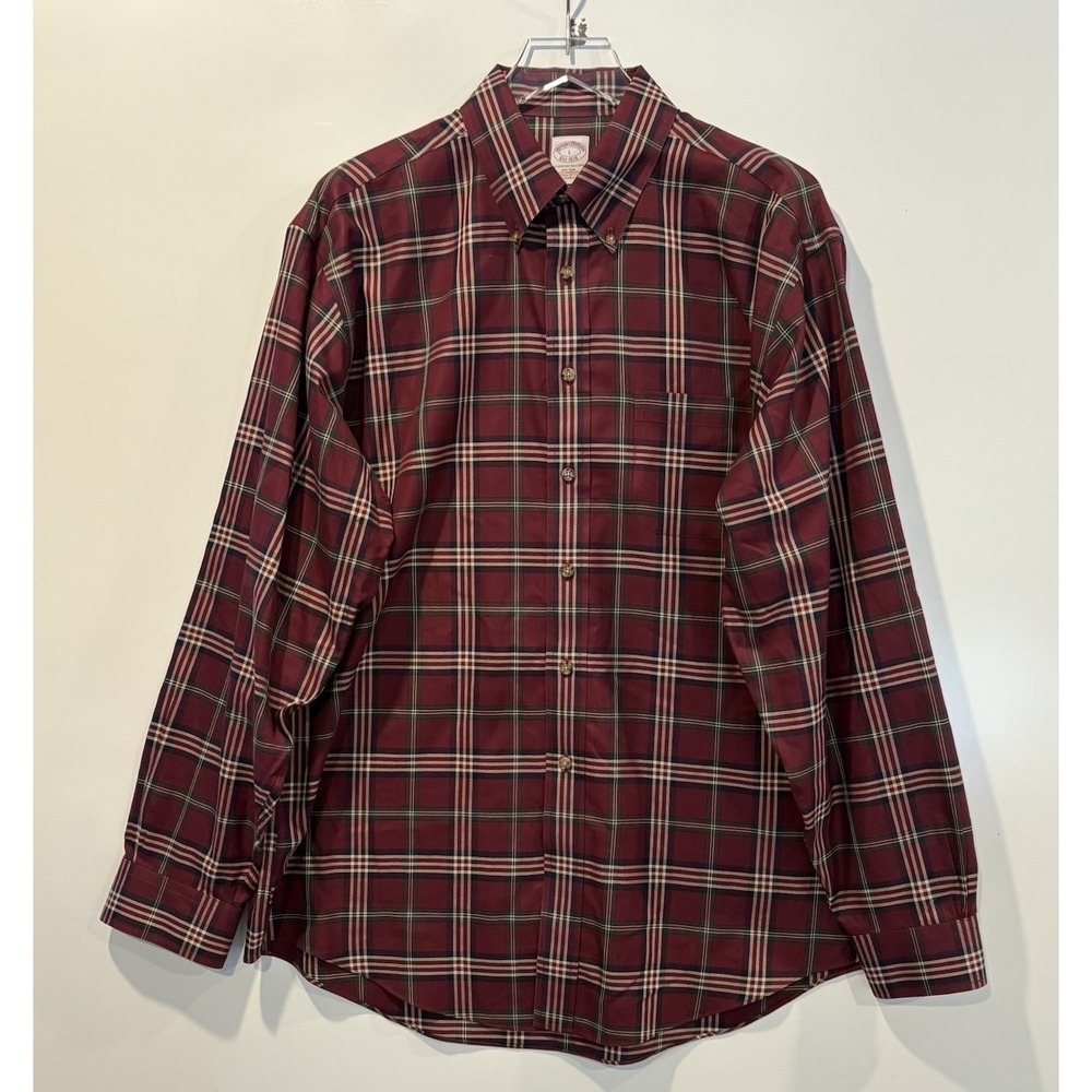 Brooks Brothers Mens L Non-Iron Supima Cotton Plaid Button Down Polo Shirt Red